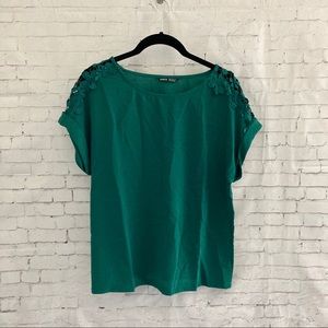 NWOT ForestGreen Shein Blouse M Crochet Shoulders